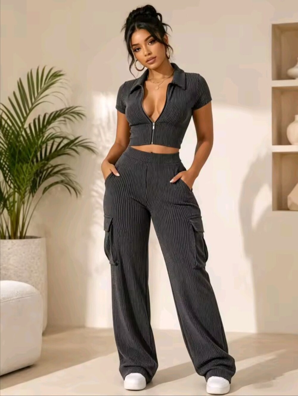Women Striped Casual Two Piece Set Zip Up Crop Top And Slim Fit Trousers